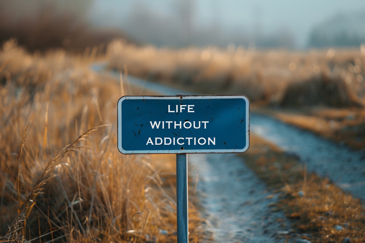 Road Sign Message Life Without Addiction Concept in Serene Nature Setting.